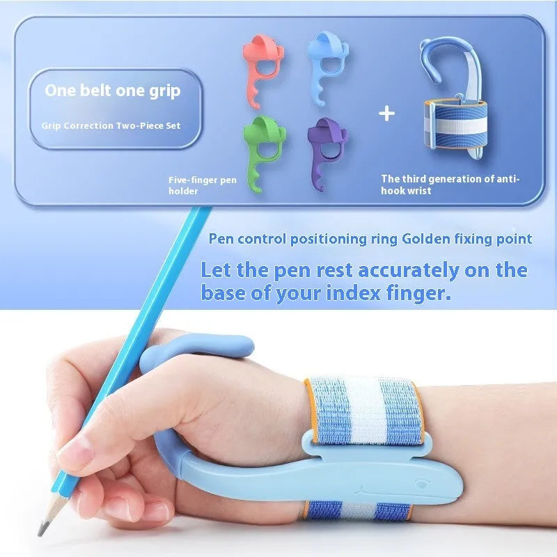 Blue Anti-hook Holder Pen Control Corrector wrist brace for pen grip correction.