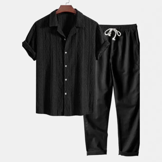 Men's slim fit camouflage print short sleeve cardigan shirt and matching trousers casual set