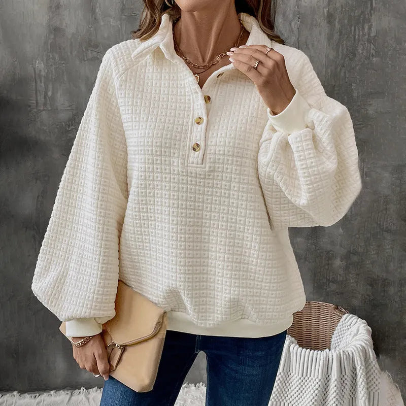 Women's polo collar sweater in solid colour with long sleeves and thickened polyester fabric