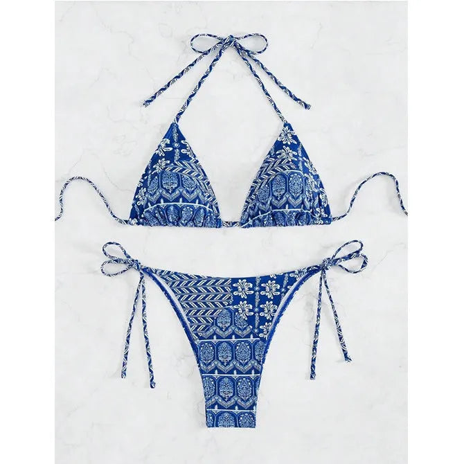 Women's bandage-style split bikini swimsuit with printing and stitching detail in multiple colours