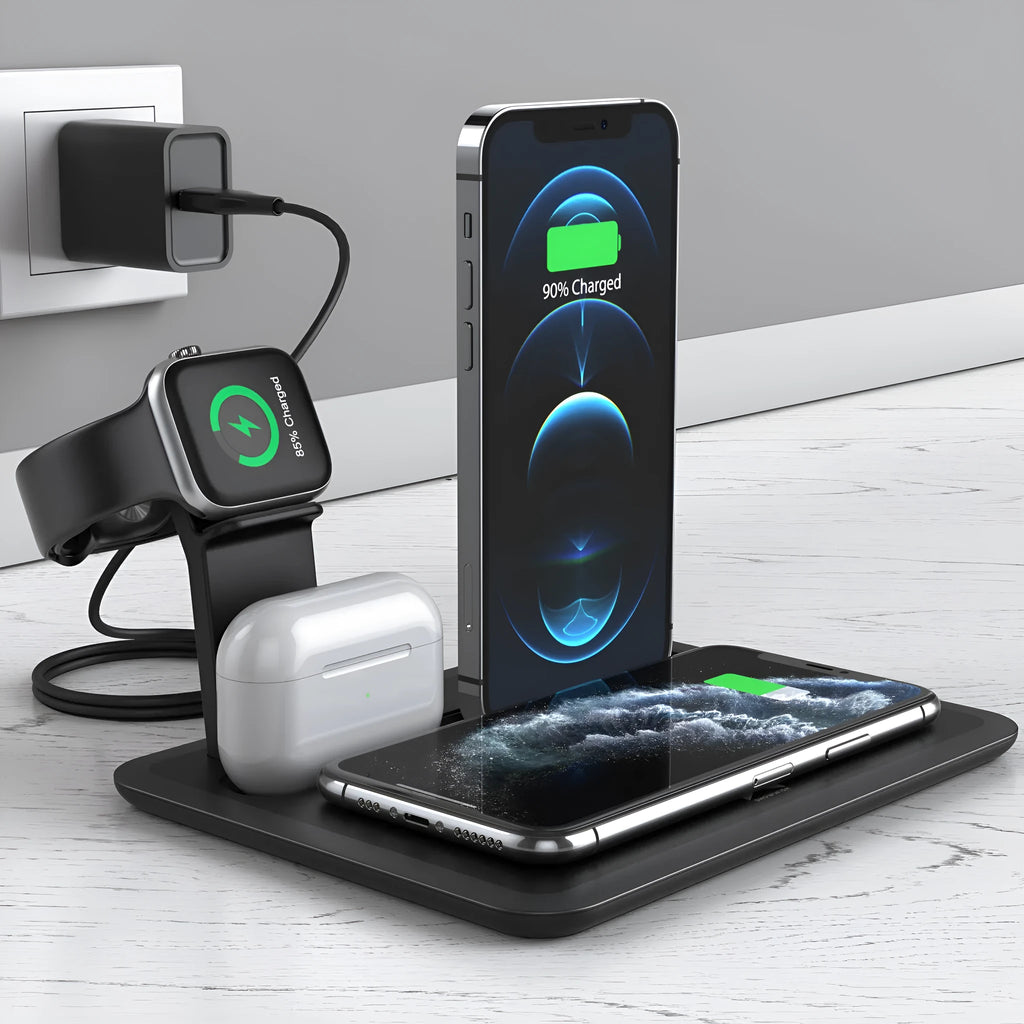 Black wireless desktop charging station with phone charging pad, watch USB port, and headphone charging port
