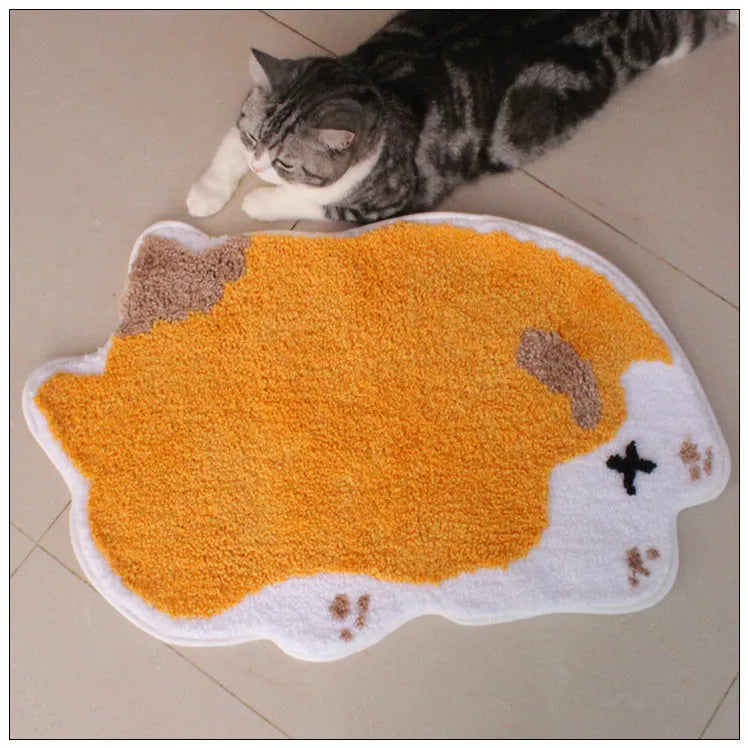 Cartoon non-slip floor mat for cat cage, soft flocking surface, TPR bottom, 45x65cm, gray cat design