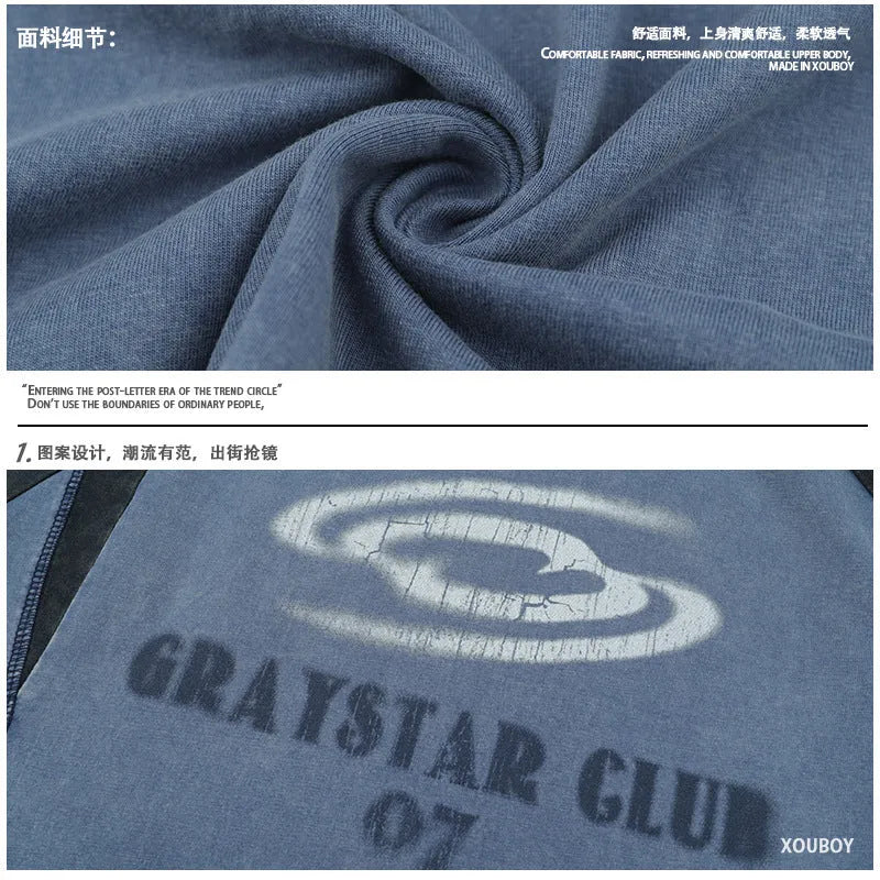 Men's blue hip hop letter print raglan sleeve cotton T-shirt laid flat.