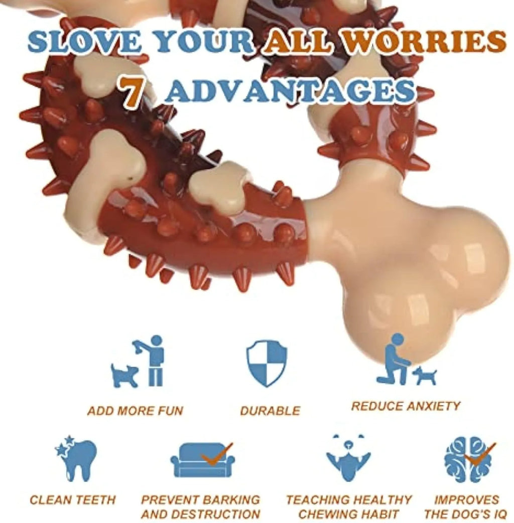 Bone-shaped natural rubber dog molar chew toy in two sizes for teeth grinding.
