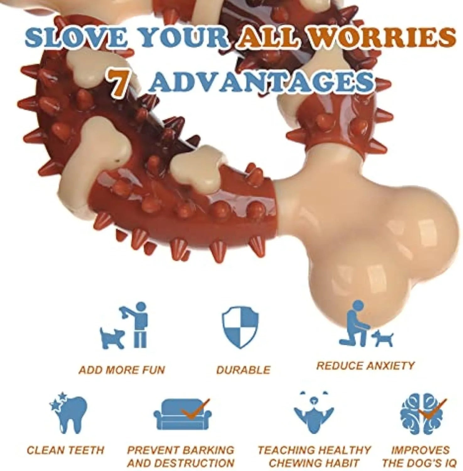 Bone-shaped natural rubber dog molar chew toy in two sizes for teeth grinding.
