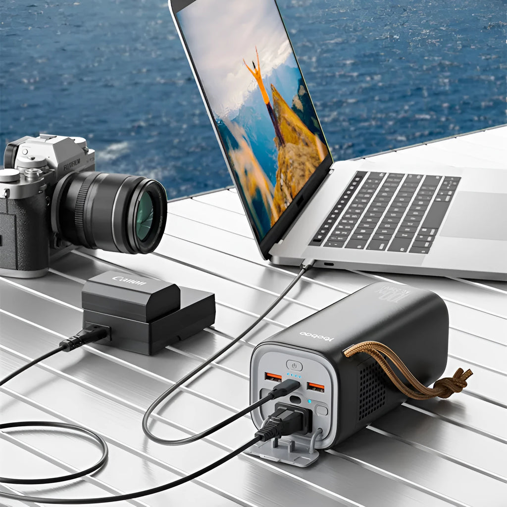 Black portable power bank with 20000mAh capacity, 220V output, and solar panel input for outdoor charging.