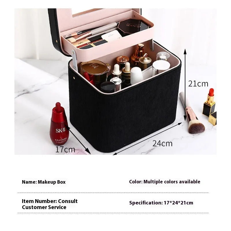 Corduroy cosmetic storage box in a solid colour with a lined interior.