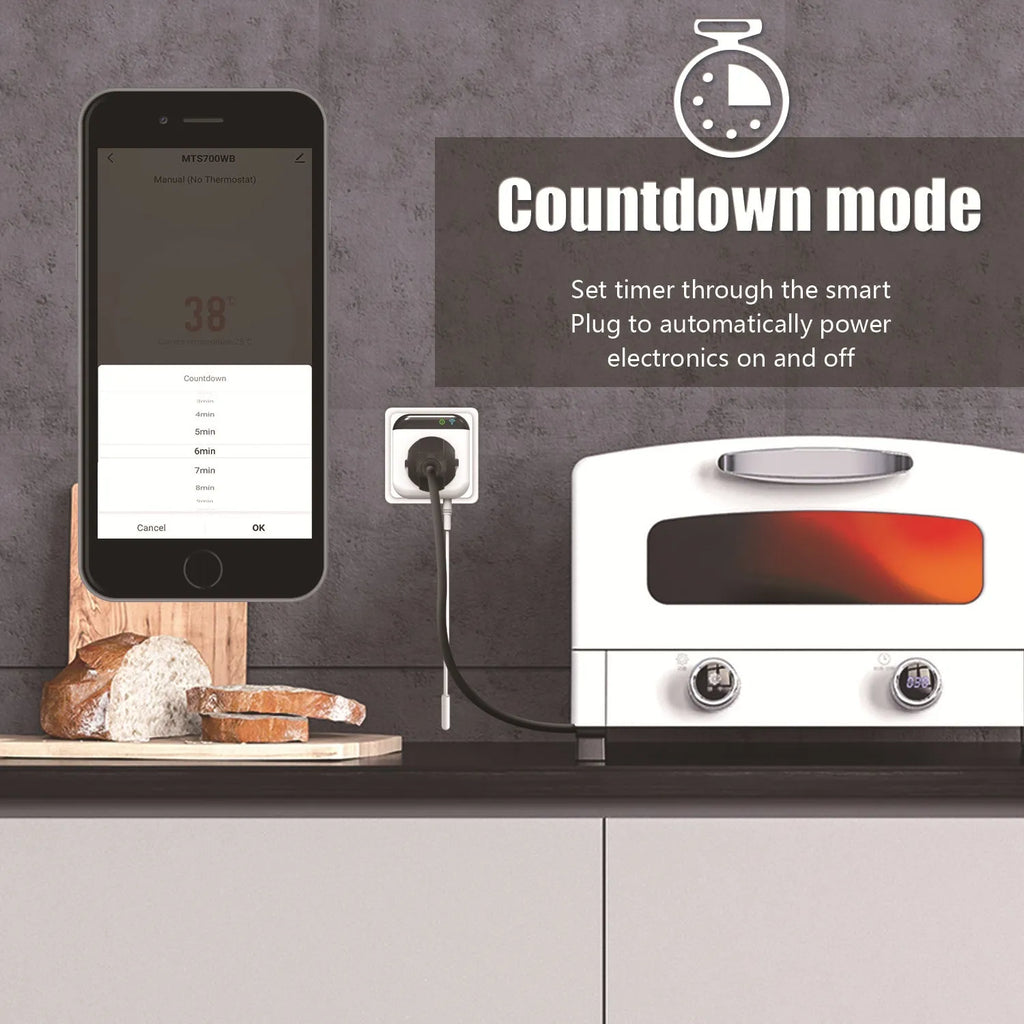 White Tuya smart temperature control socket with US 3-pin plug and external temperature sensor probe.