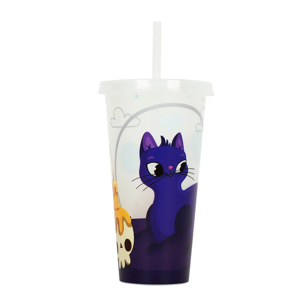 Halloween-themed luminous plastic straw cup with 720ml capacity and a red straw.