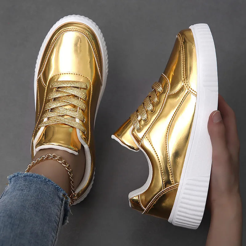 Rose gold sequin platform sneakers with round toe and 3-5cm wedge heel