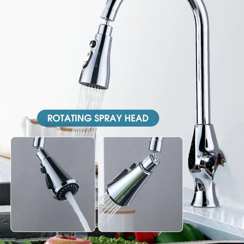 Silver and black kitchen faucet sprayer with three water modes and 360-degree rotation
