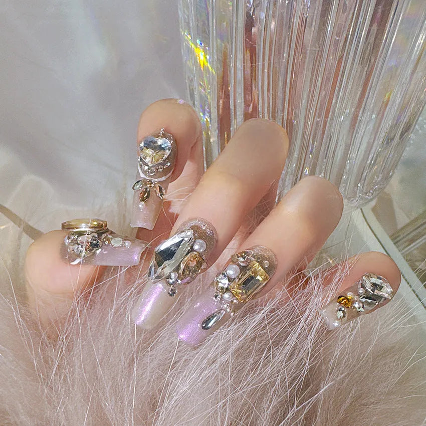 Luxury rhinestone false nail patches with phototherapy sealing layer in flash style