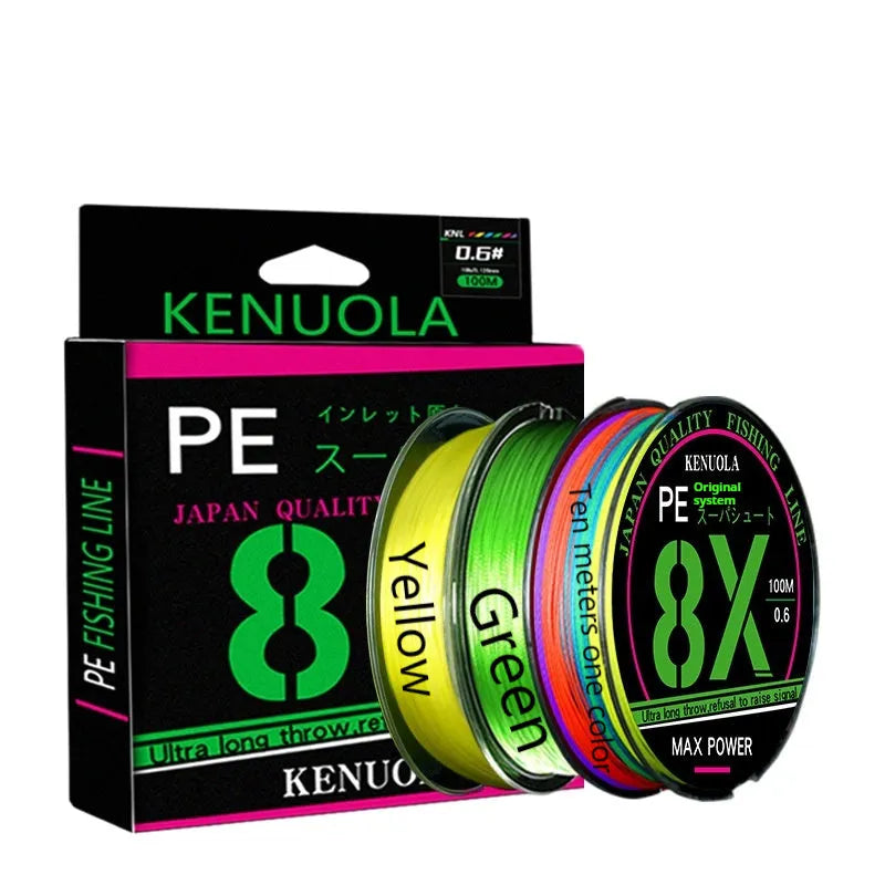 Luya Yuantou 8-weave PE fishing line green 100m spool on yellow background