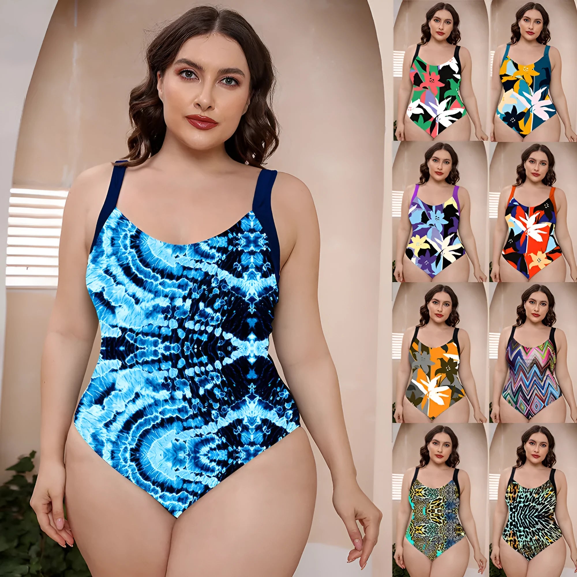 Conservative vest-style one-piece swimsuit with spaghetti straps and a floral print pattern.