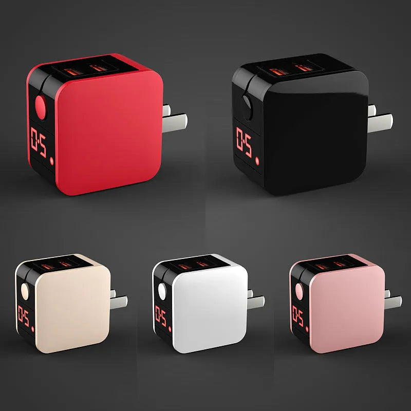 5V2.4A dual USB fast travel charger with digital display in black, white, or red colour options