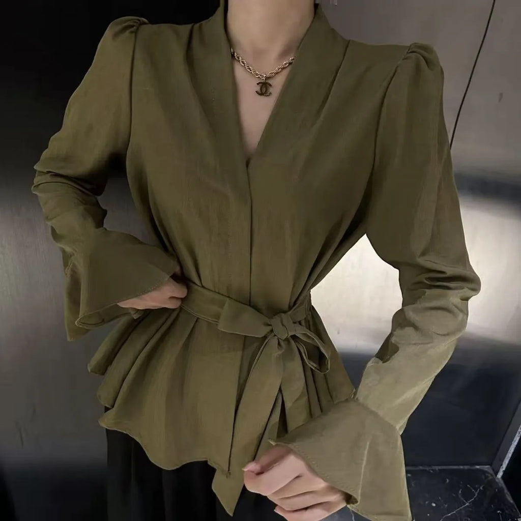 Women's French-style shirt with irregular collar and tied front in polyester fabric with bell sleeves