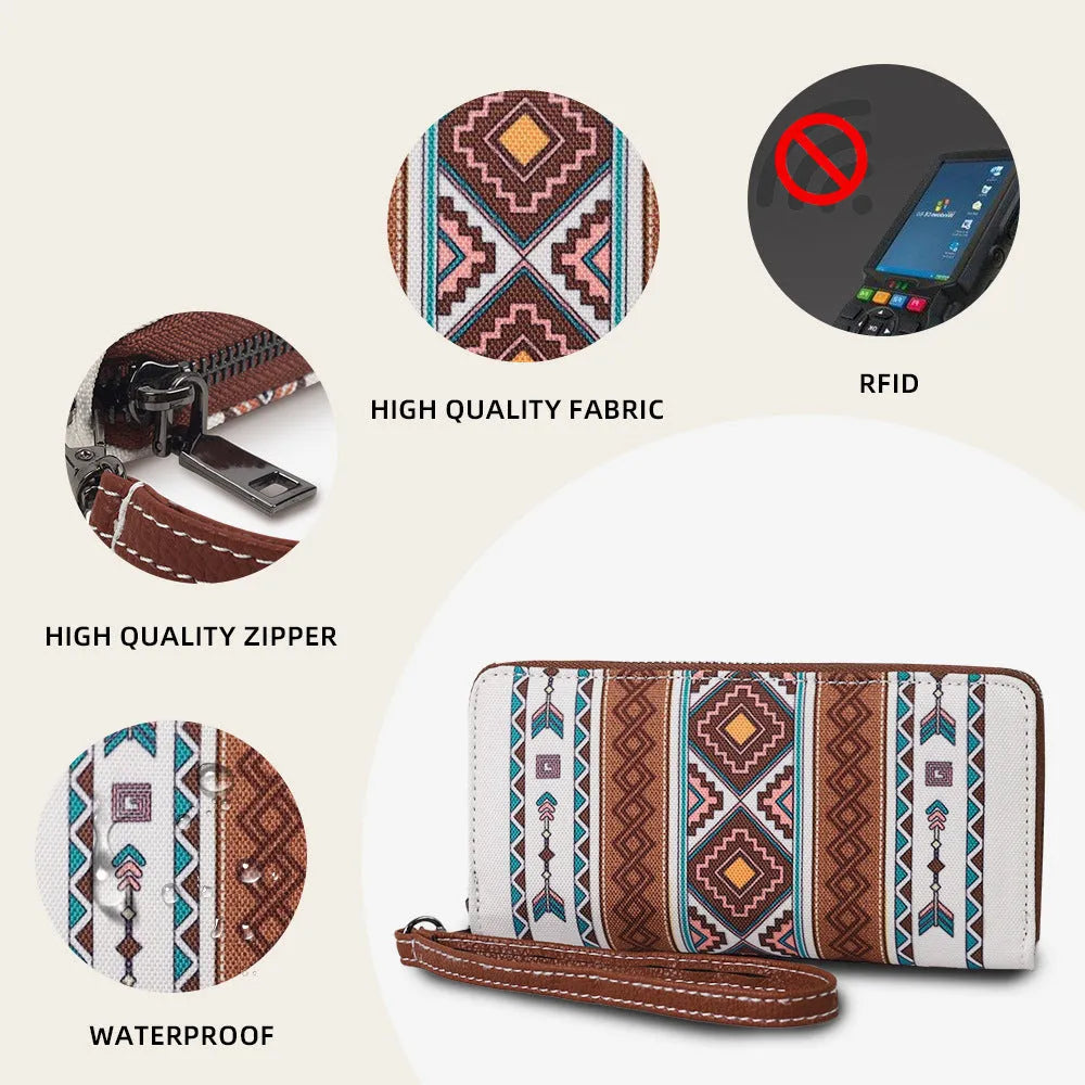 Striped canvas RFID wallet in beige with 20x10x2cm dimensions showing anti-theft card protection