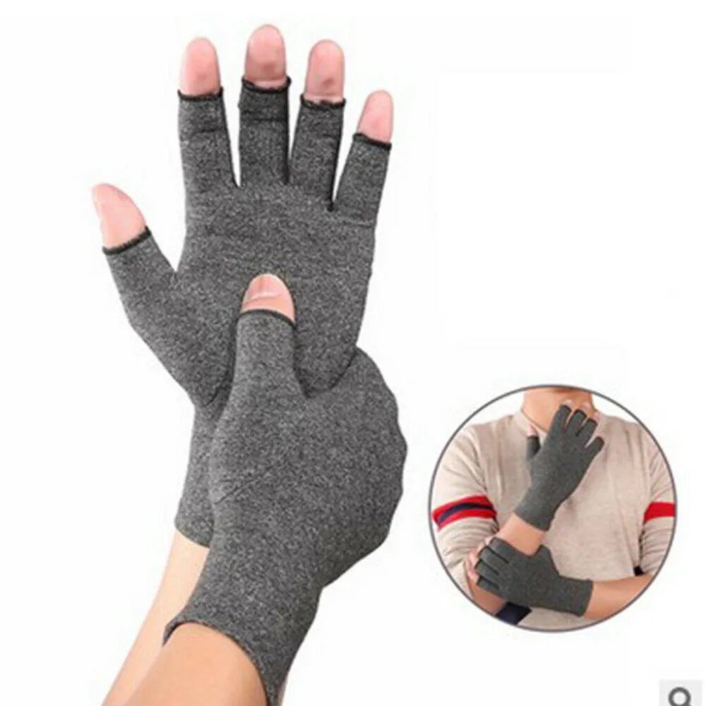 Grey half-finger compression gloves with anti-slip palm grips, shown laid flat.