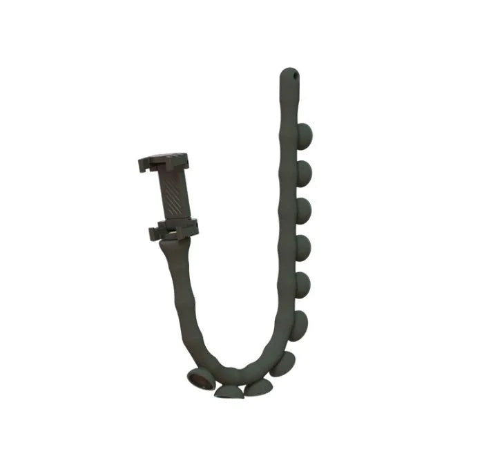 Black flexible phone holder with suction cup mounted to wall showing 62cm adjustable arm holding mobile phone
