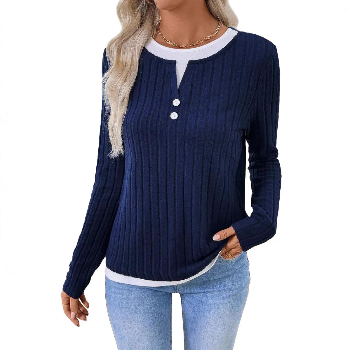 Women's fake two-piece round neck pullover sweater with concave stripe pattern in street fashion style