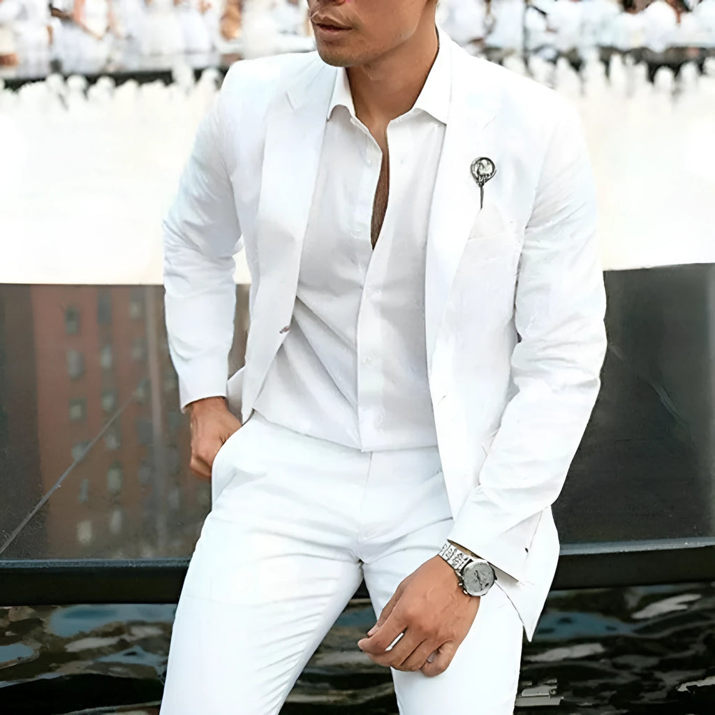 White slim-fit two-piece men's suit for weddings, shown on a hanger.