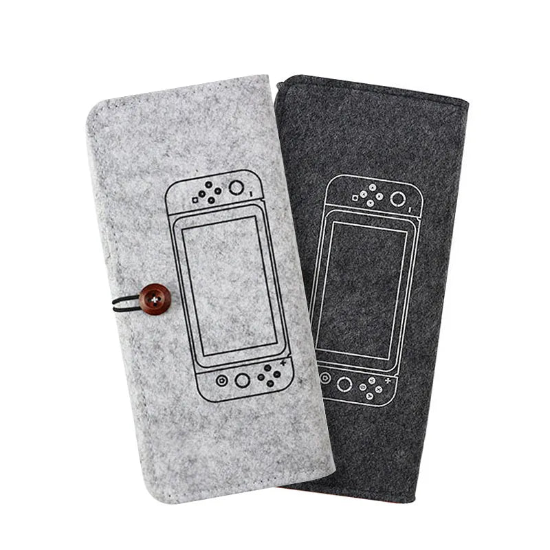 Black Nintendo Switch soft felt carrying pouch case showing game cartridge slots and double storage layers.