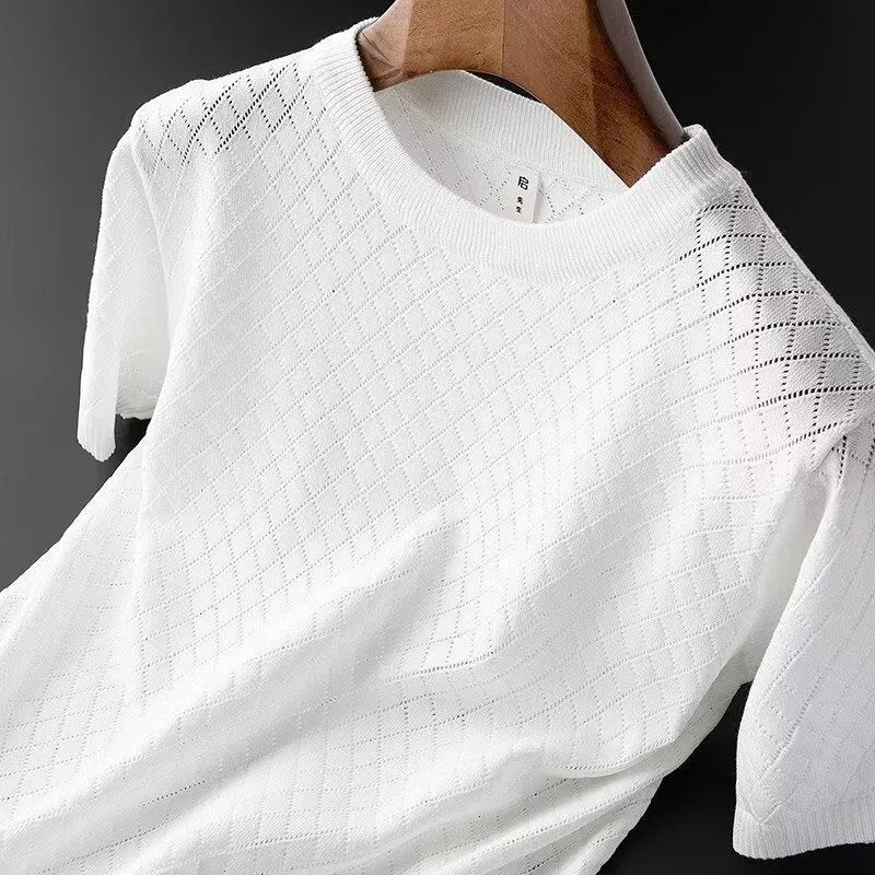 Men's ice silk Korean style T-shirt in black or white with V-neck or round neck options