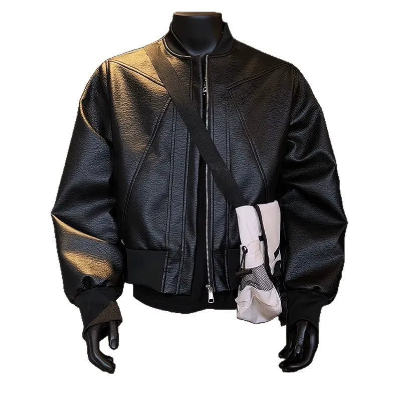 Men's slim-fit black PU leather motorcycle jacket with litchi grain texture and extended length
