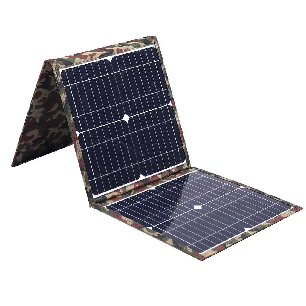 Black foldable 36W solar panel with car charger and cables for portable outdoor power
