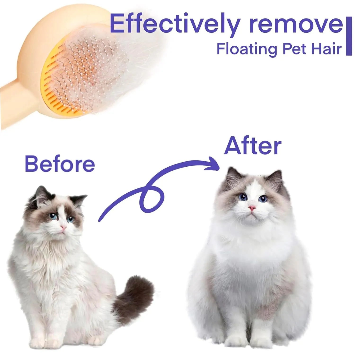 Blue and yellow pet grooming brush with metal pins and a self-cleaning button for cats and dogs.