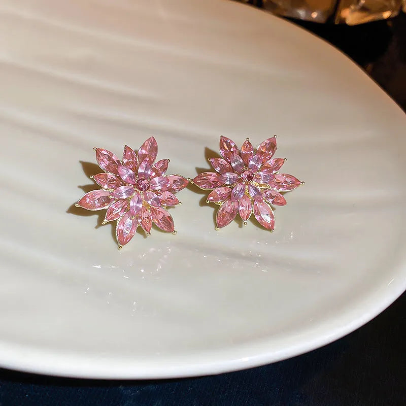 Super shiny crystal zircon multi-layer three-dimensional flower earrings in white alloy with leaf and petal details