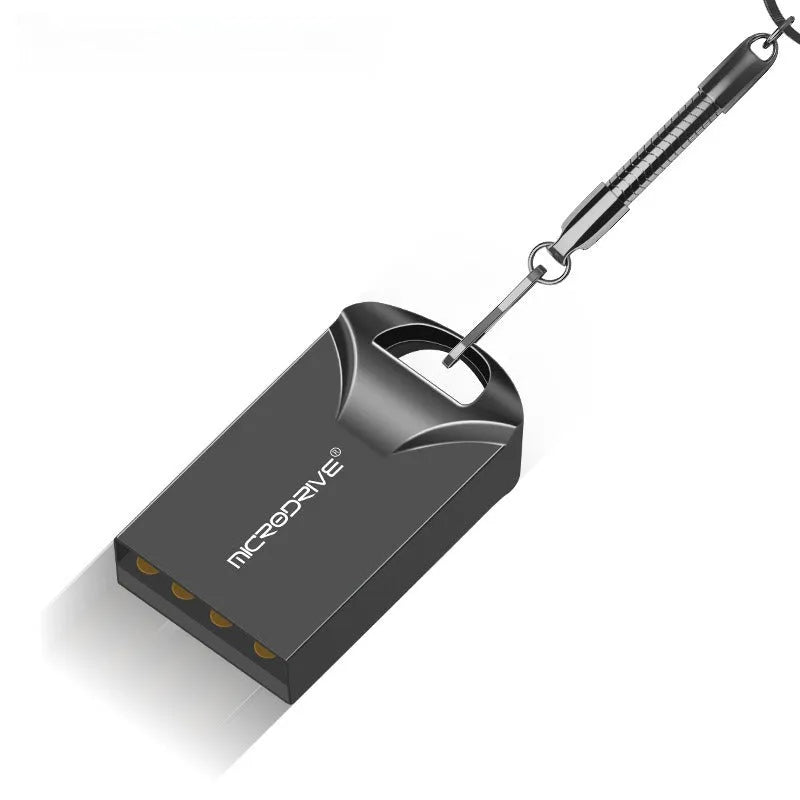 Mini metal USB flash drive in black and silver showing compact 23x12x8mm dimensions