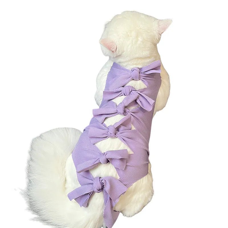 Lace-up cat sterilisation clothing in polyester fabric showing adjustable fastening and available colour options