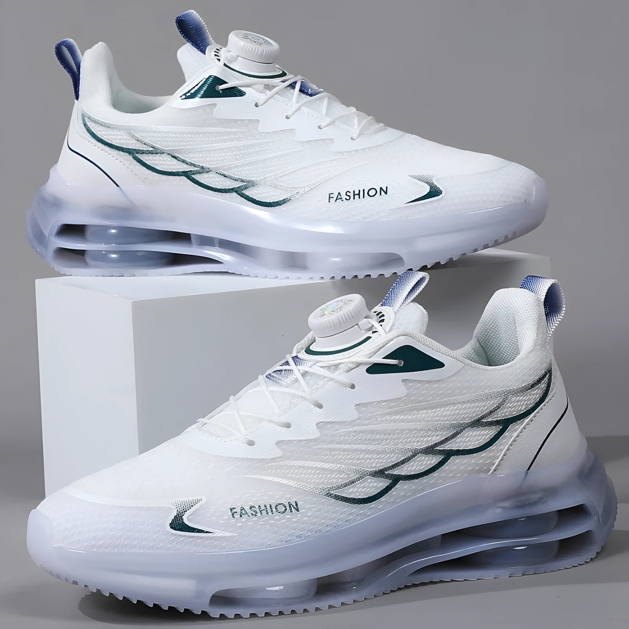White men's casual sneakers with rotating button lace system and mesh upper in Korean style design