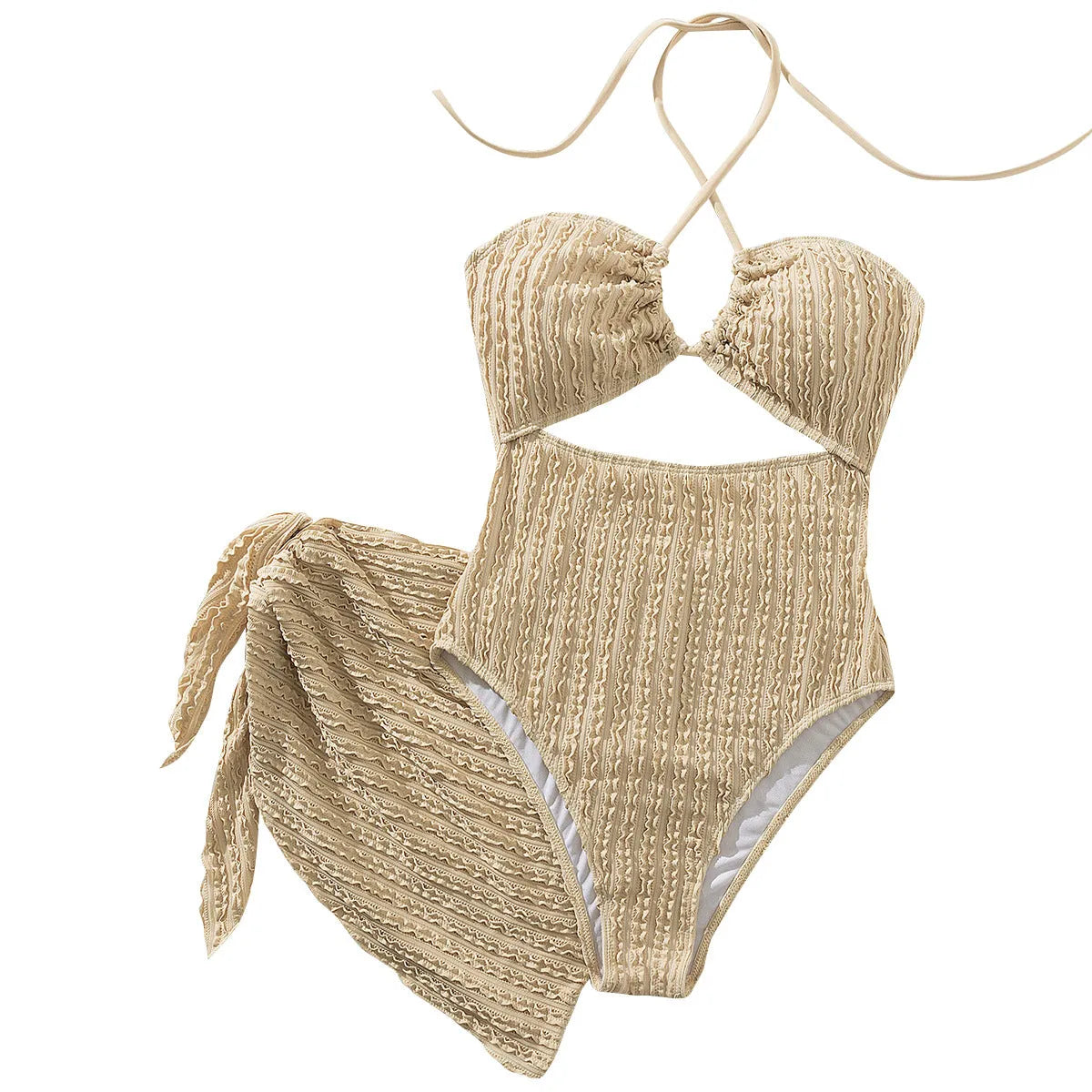 Solid khaki one-piece swimsuit with hollow-out cutout detail, polyester fibre, women's beachwear