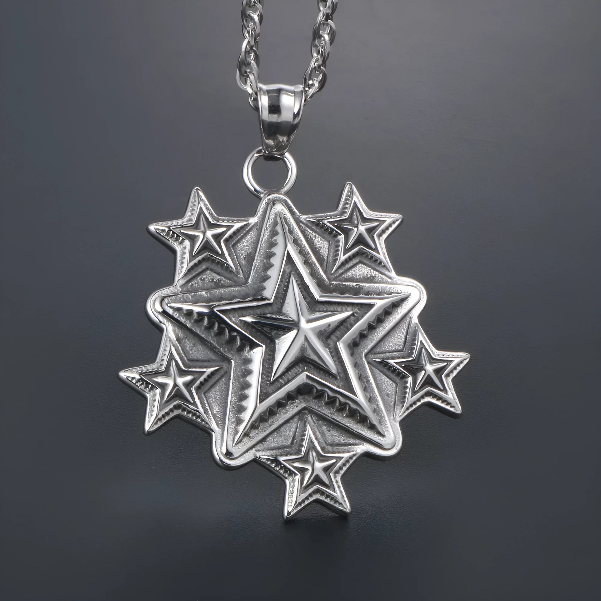 Men's polished stainless steel retro five-pointed star pendant on alloy chain 50cm or 60cm length