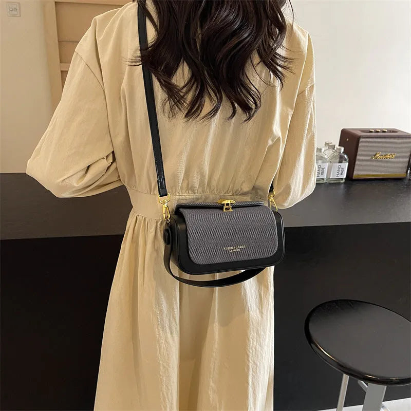 Women's black PU leather messenger bag with horizontal square shape and single shoulder strap