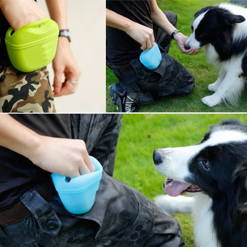 Silicone dog training treat pouch with belt clip and magnetic closure, shown in assorted colours.