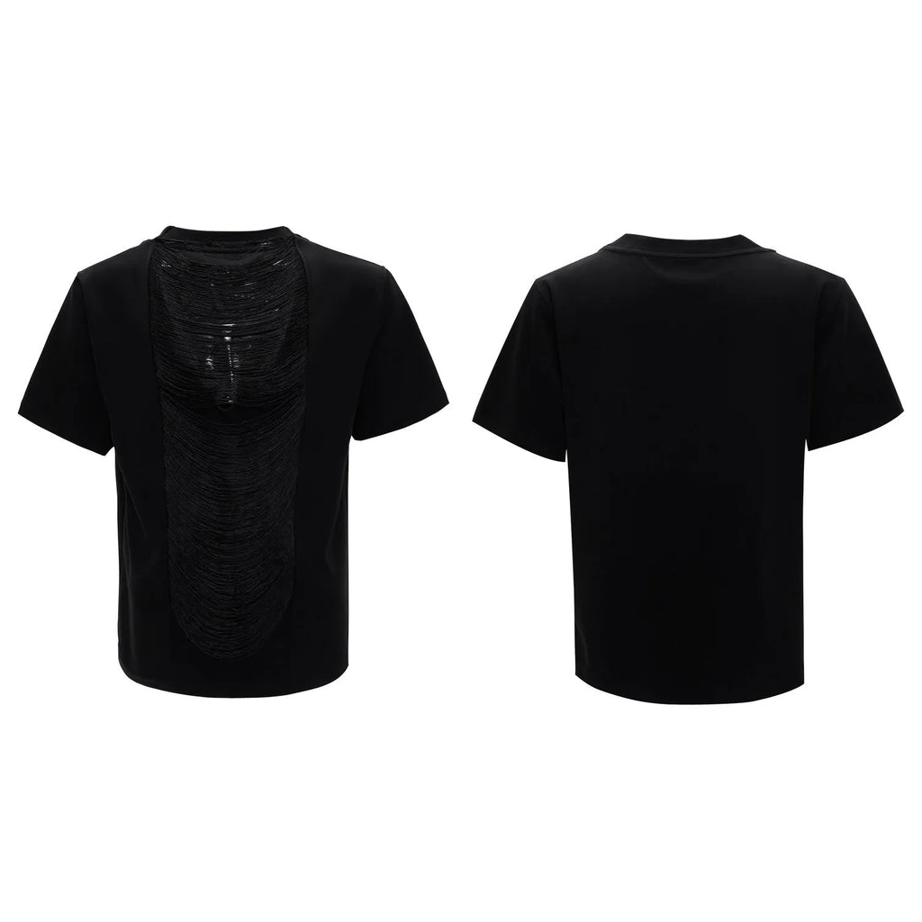 Drum black loose-fit men's V-neck short sleeve t-shirt with tassel detail on the collar.