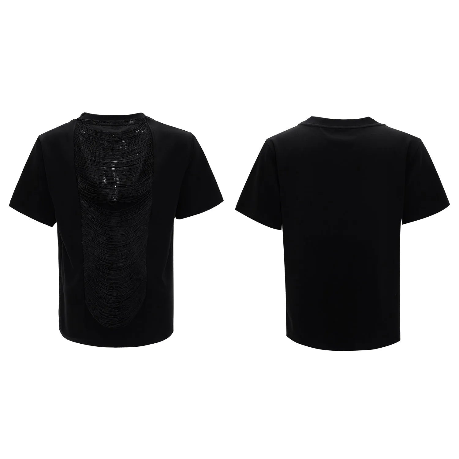Drum black loose-fit men's V-neck short sleeve t-shirt with tassel detail on the collar.