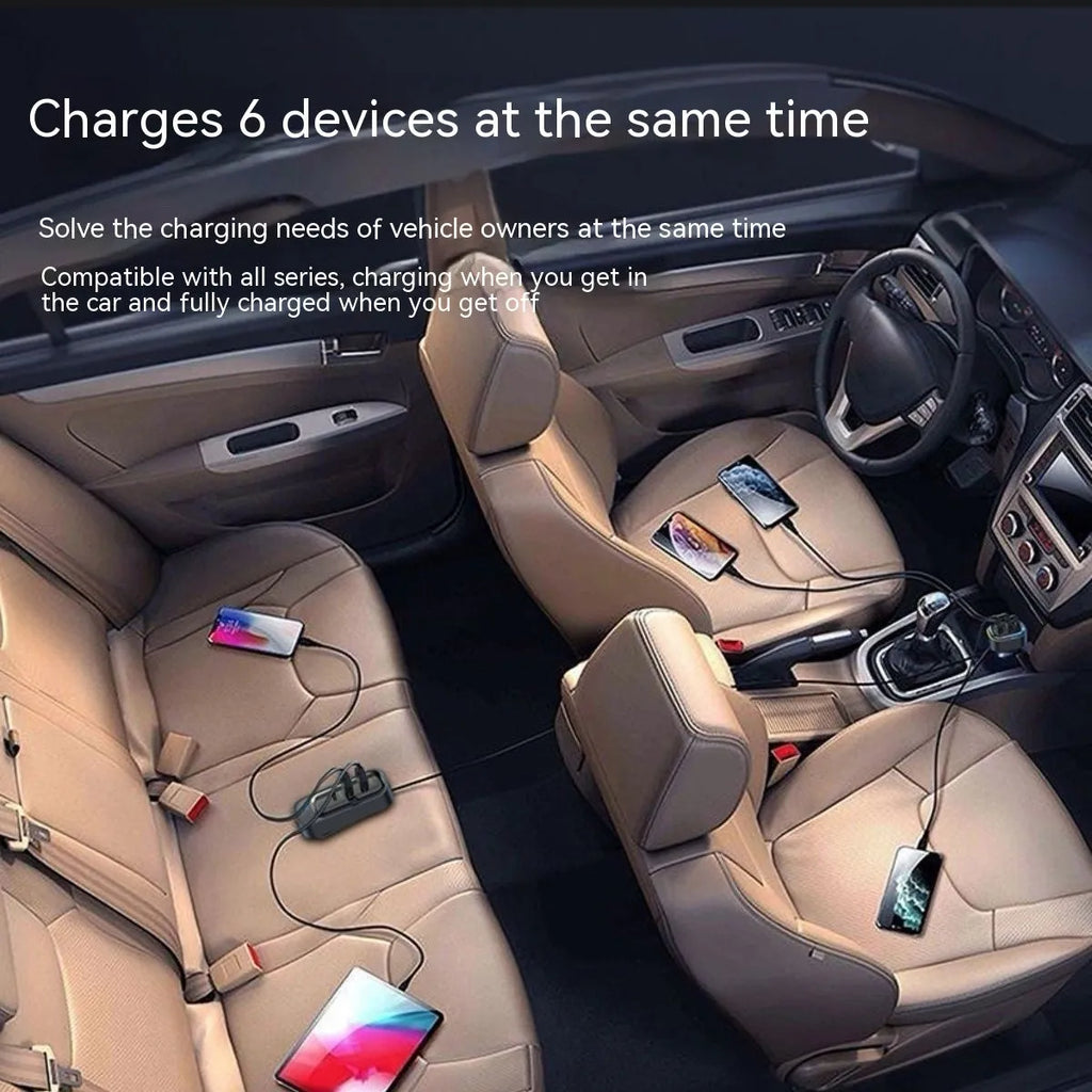 Car USB charger with retractable cable and four charging ports for multiple devices