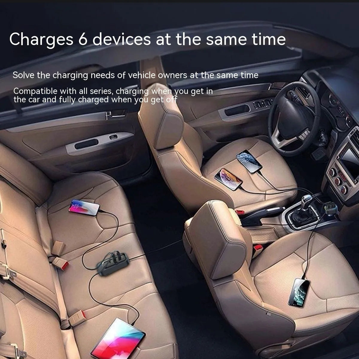 Car USB charger with retractable cable and four charging ports for multiple devices