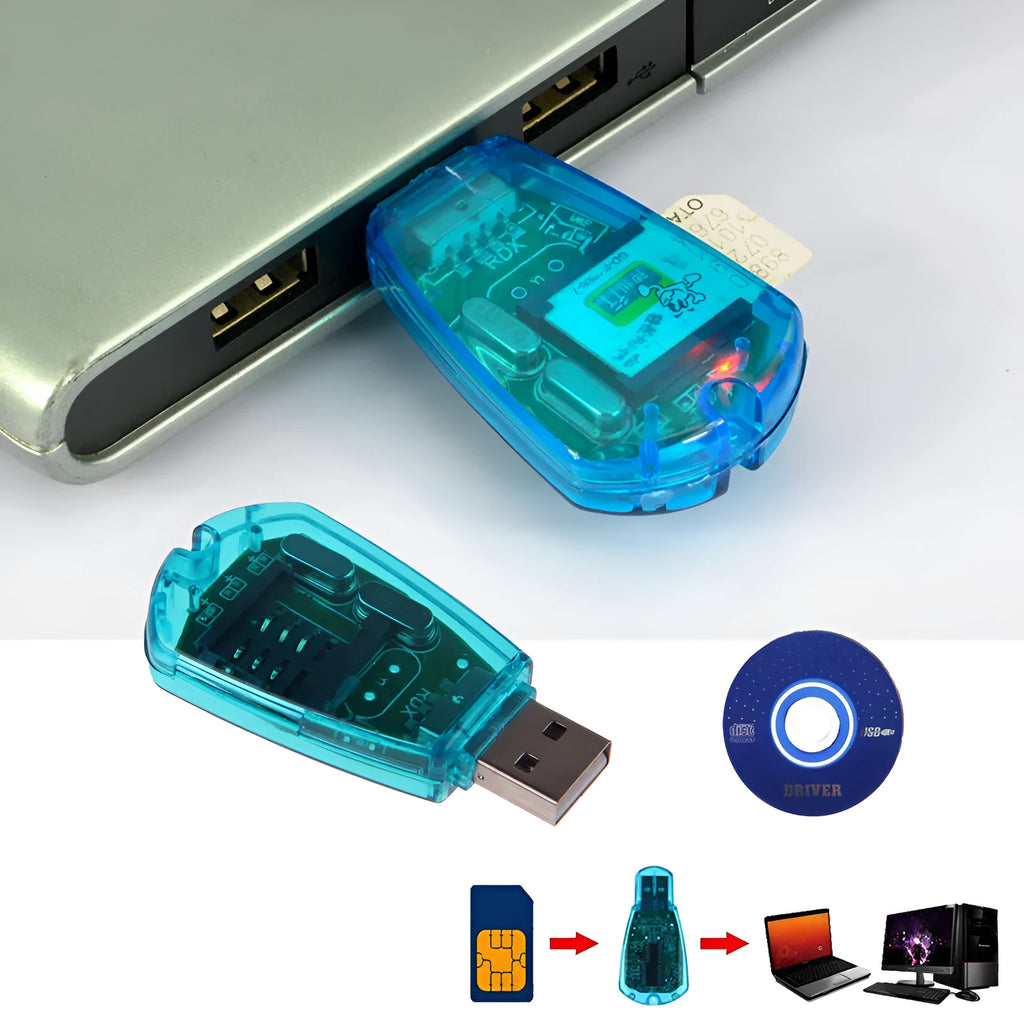 Blue external USB SIM card reader for mobile phone data backup and management.