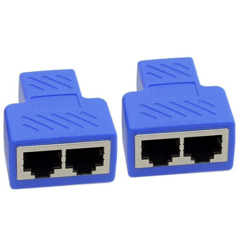 RJ45 network cable splitter adapter showing tee-shaped design with one input and two output ports