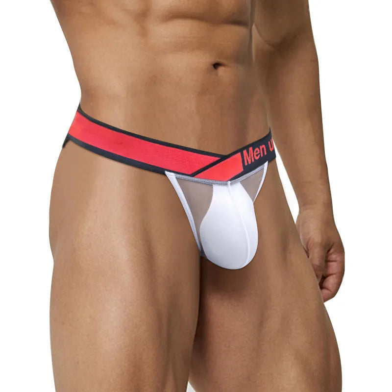 Men's black nylon underwear with a low waist and large V gradient high-cut design on a white background.