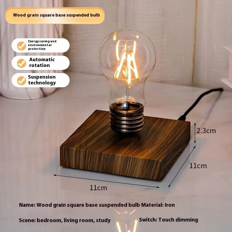 Iron art suspension bulb desktop night lamp on black wood-grain base