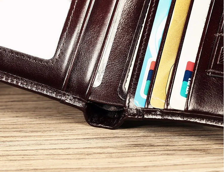 Men's leather wallet in black or brown with banknote folder, card slots, coin pocket, and photo window