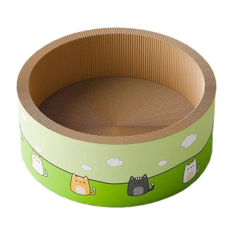 Round deep pit cat scratch board made from corrugated paper in cute style.
