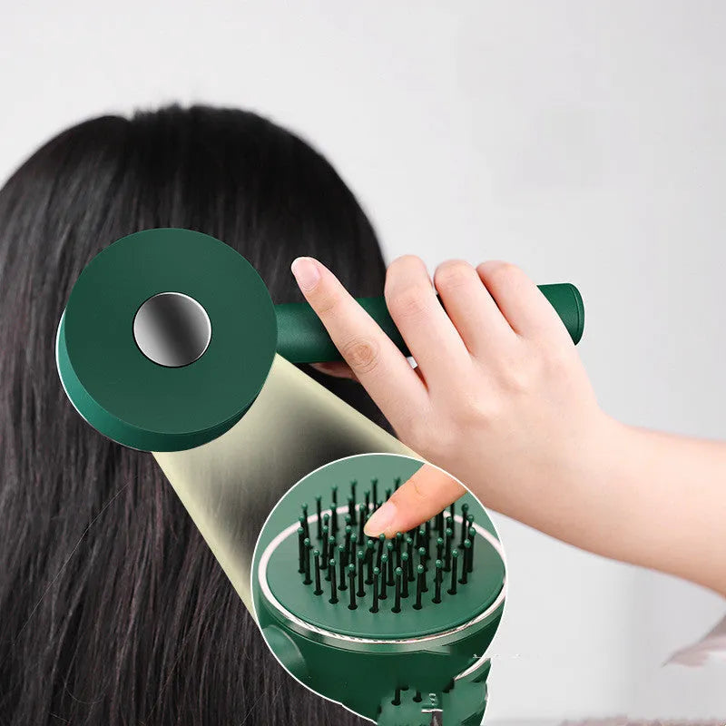 Plastic air cushion comb with long handle in white, green, and pink colours for hair detangling and styling