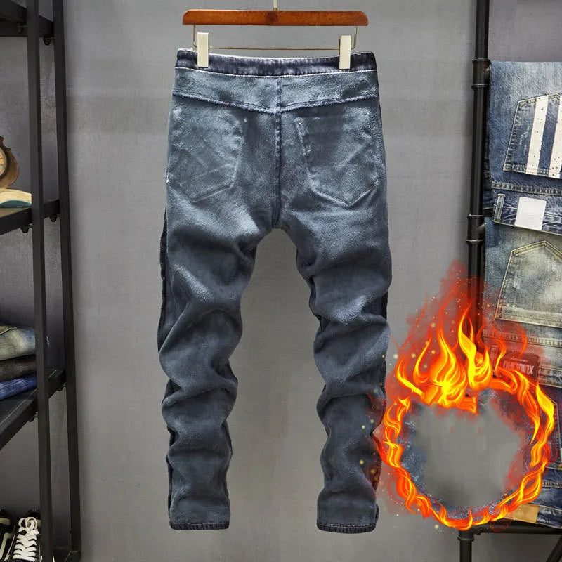 Men's slim-fit skinny jeans in dark blue and light blue denim options